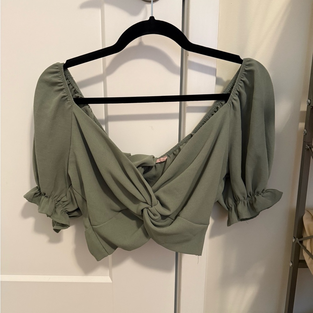 Green, size medium, muted green crop top blouse with wrap around ties